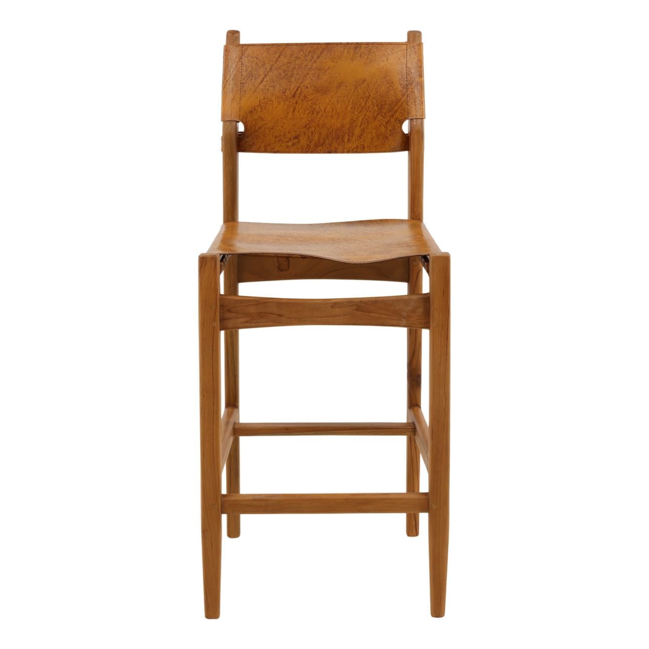 Natural and Antique Light Brown Leather Genuine Leather and Teak Wood Stool 18 in Wide