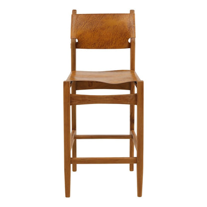 Natural and Antique Light Brown Leather Genuine Leather and Teak Wood Stool 18 in Wide