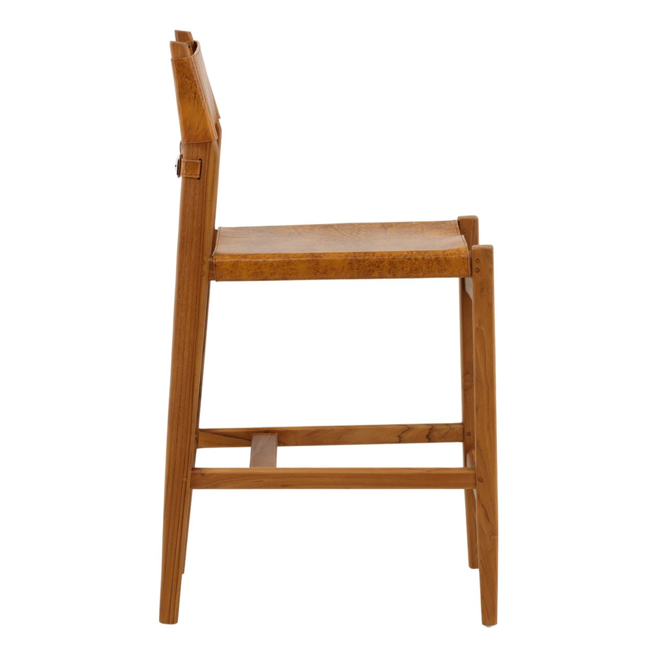 Natural and Antique Light Brown Leather Genuine Leather and Teak Wood Stool 18 in Wide