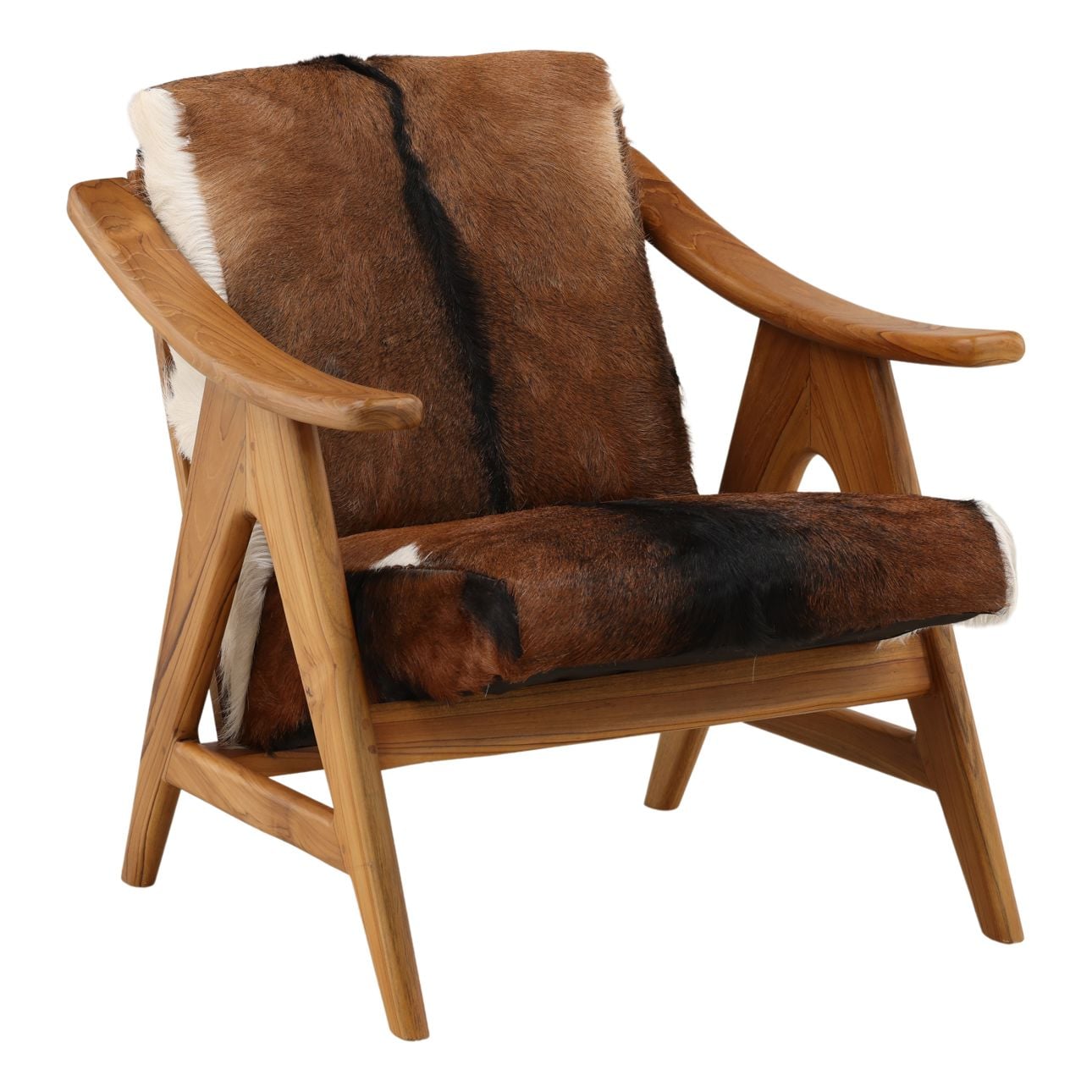 Brown and White Goat Hide and Teak Wood Chair 28.5 in Wide