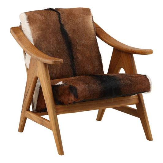 Brown and White Goat Hide and Teak Wood Chair 28.5 in Wide