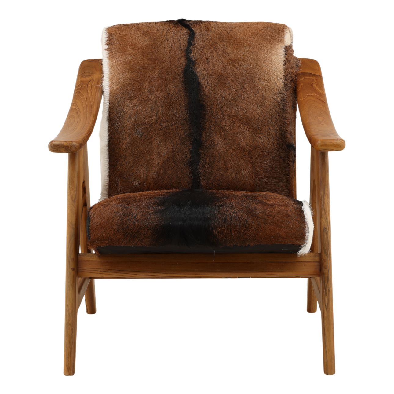 Brown and White Goat Hide and Teak Wood Chair 28.5 in Wide