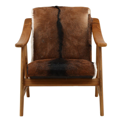 Brown and White Goat Hide and Teak Wood Chair 28.5 in Wide