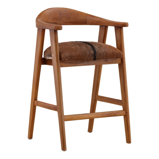 Signature Teak Wood and Goat Hide Counter Stool