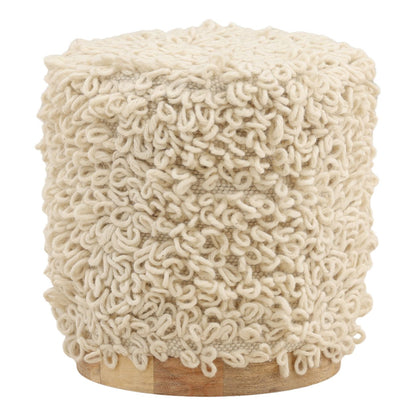 Ivory Handwoven Wool and Wood Stool 16 in Wide