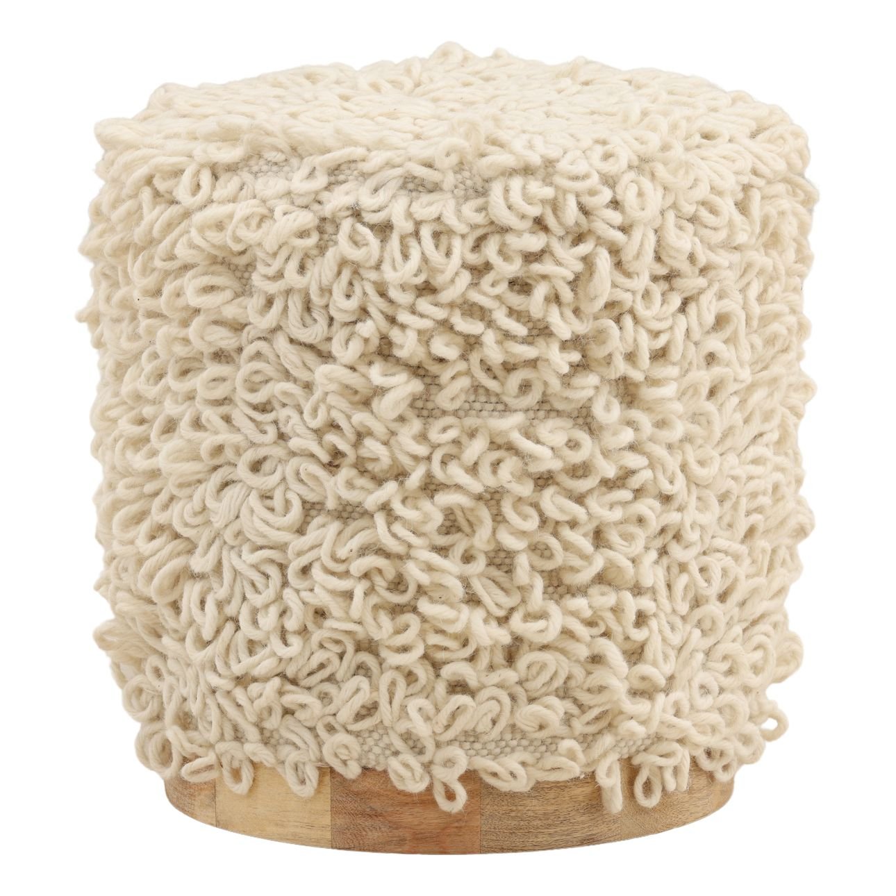 Ivory Handwoven Wool and Wood Stool 16 in Wide