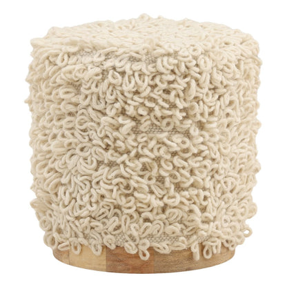Ivory Handwoven Wool and Wood Stool 16 in Wide