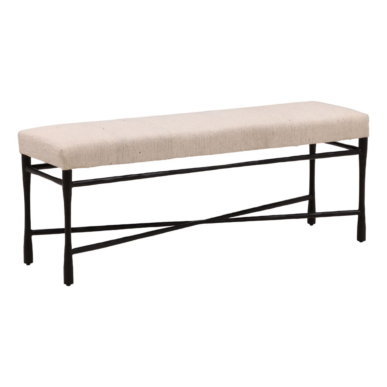 Cream and Black Fabric and Iron Bench 48 in Wide