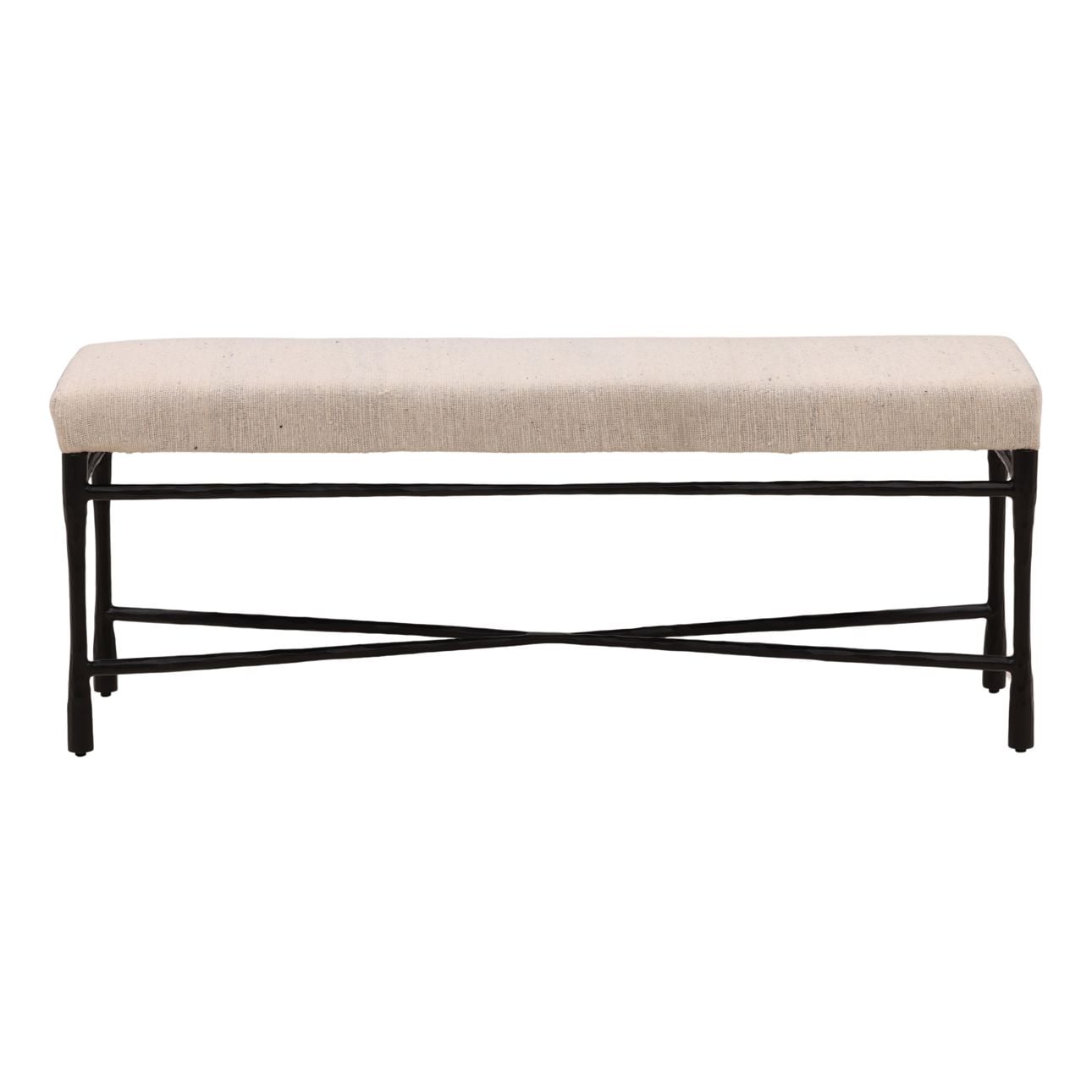 Cream and Black Fabric and Iron Bench 48 in Wide