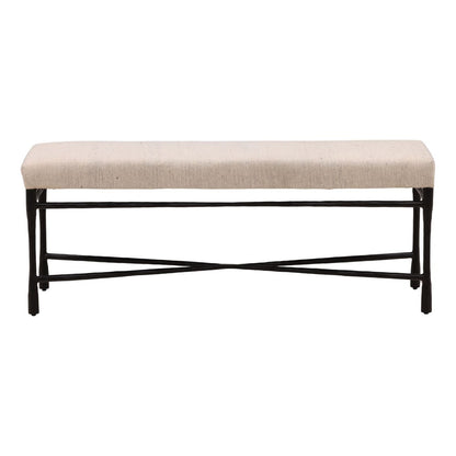 Cream and Black Fabric and Iron Bench 48 in Wide