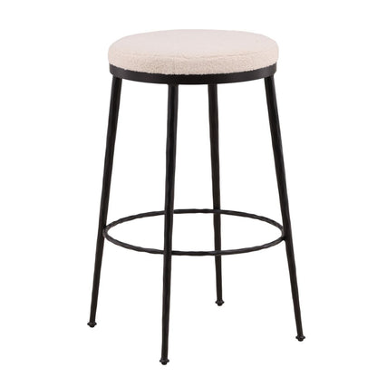 Ivory and Black Cotton Boucle Fabric and Iron Barstool 22 in Wide