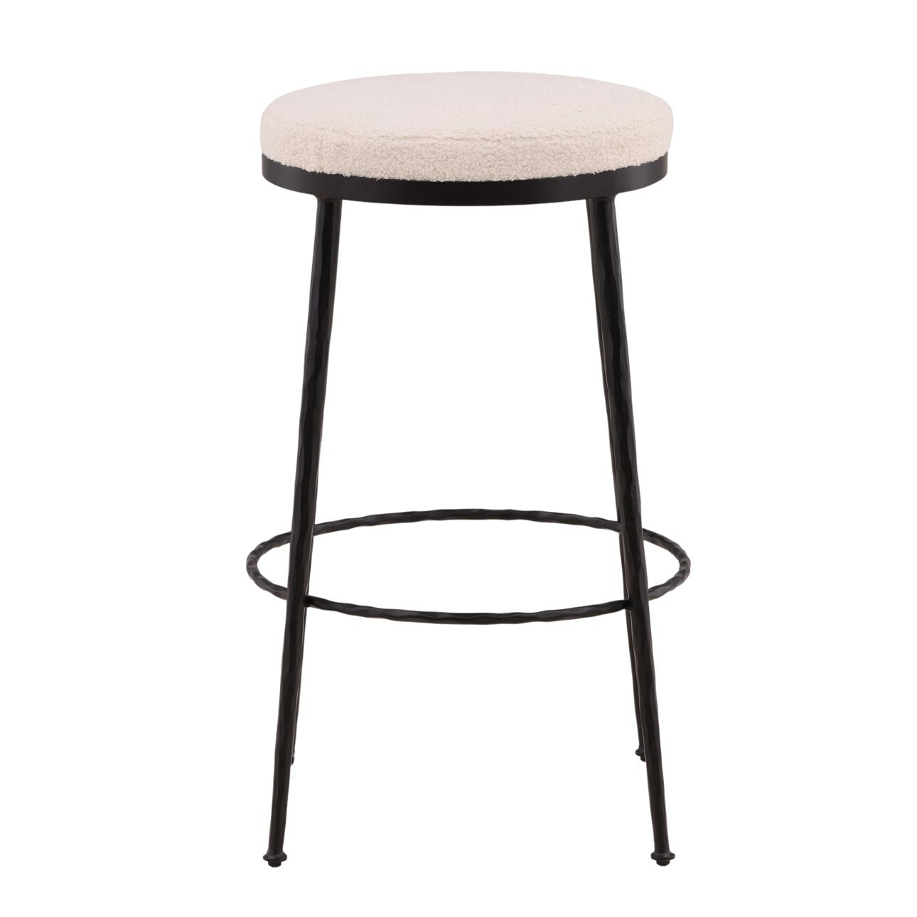 Ivory and Black Cotton Boucle Fabric and Iron Barstool 22 in Wide
