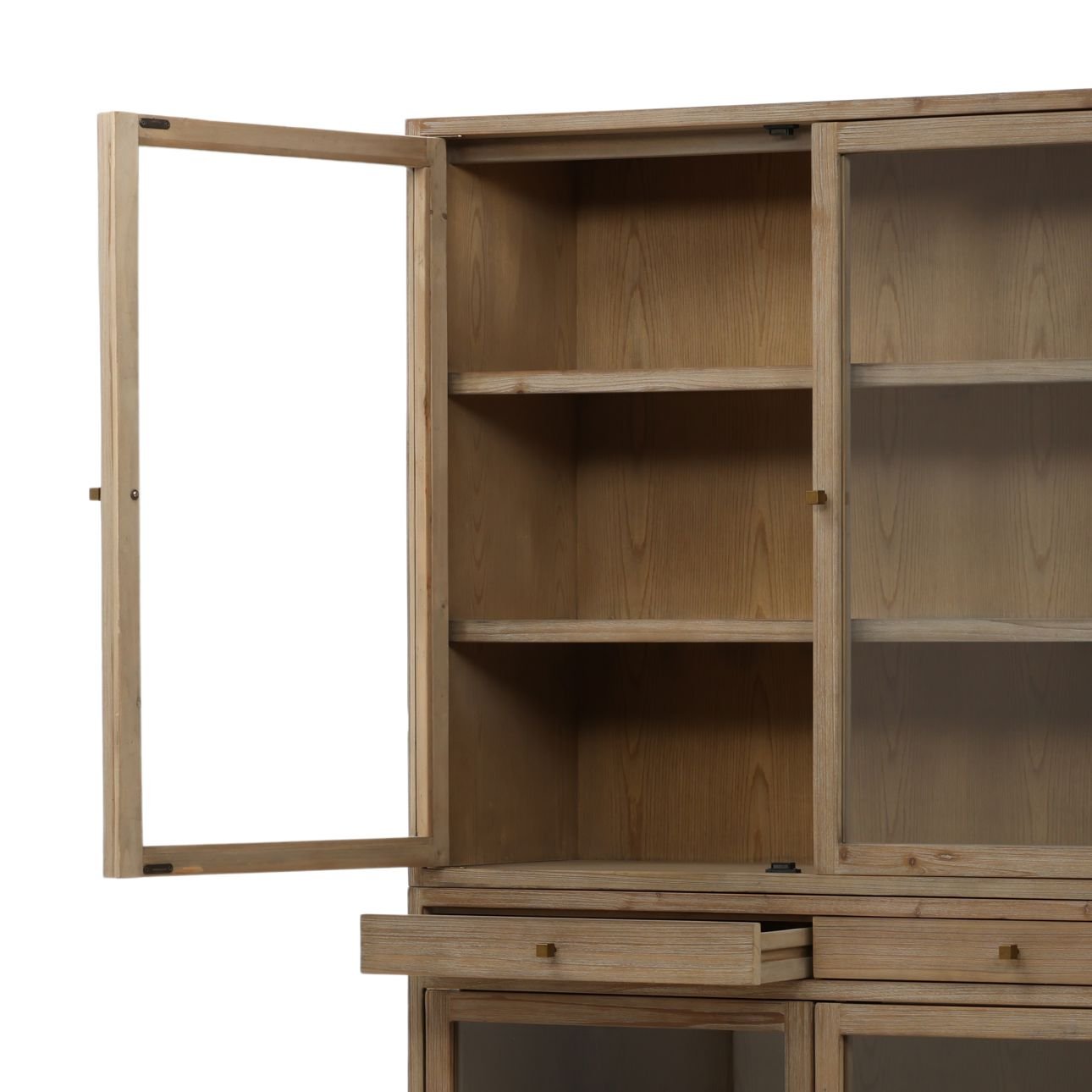 Warm Brown Wash Reclaimed Pine Wood, Glass and Select Hardwood Cabinet 71 in Wide