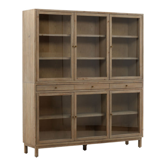 Warm Brown Wash Reclaimed Pine Wood, Glass and Select Hardwood Cabinet 71 in Wide