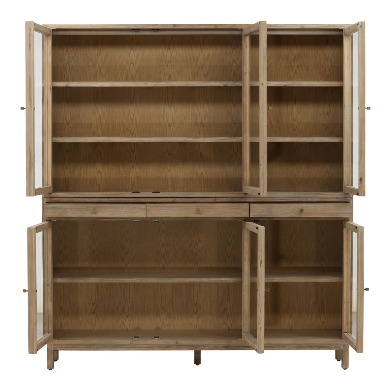 Warm Brown Wash Reclaimed Pine Wood, Glass and Select Hardwood Cabinet 71 in Wide