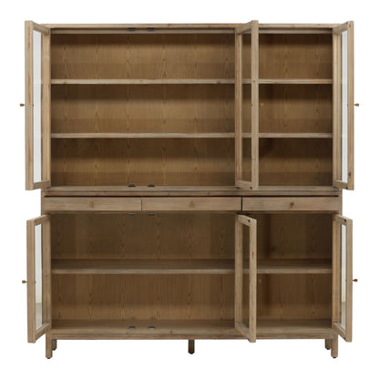 Warm Brown Wash Reclaimed Pine Wood, Glass and Select Hardwood Cabinet 71 in Wide