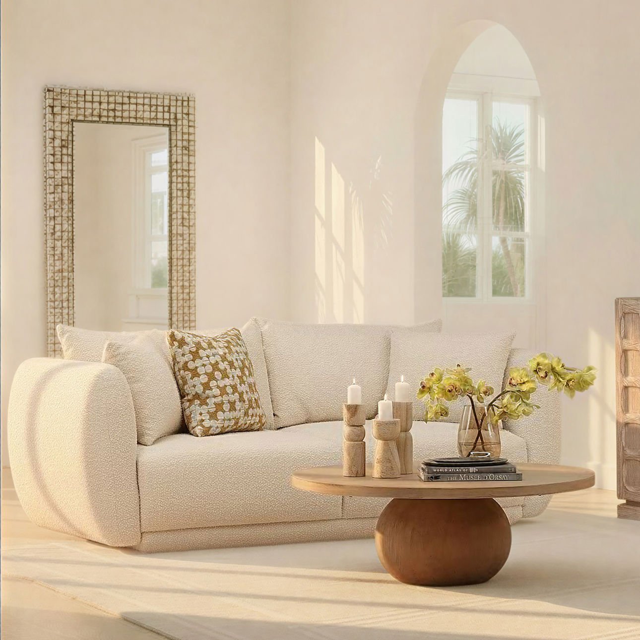Olana Cream Boucle Fabric Sofa 84 in Wide