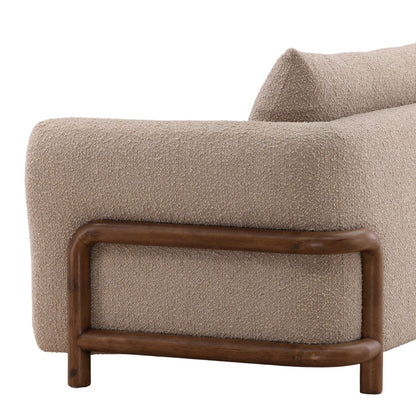 Olana Sand and Brown Boucle Fabric and Rubber Wood Sofa 95 in Wide