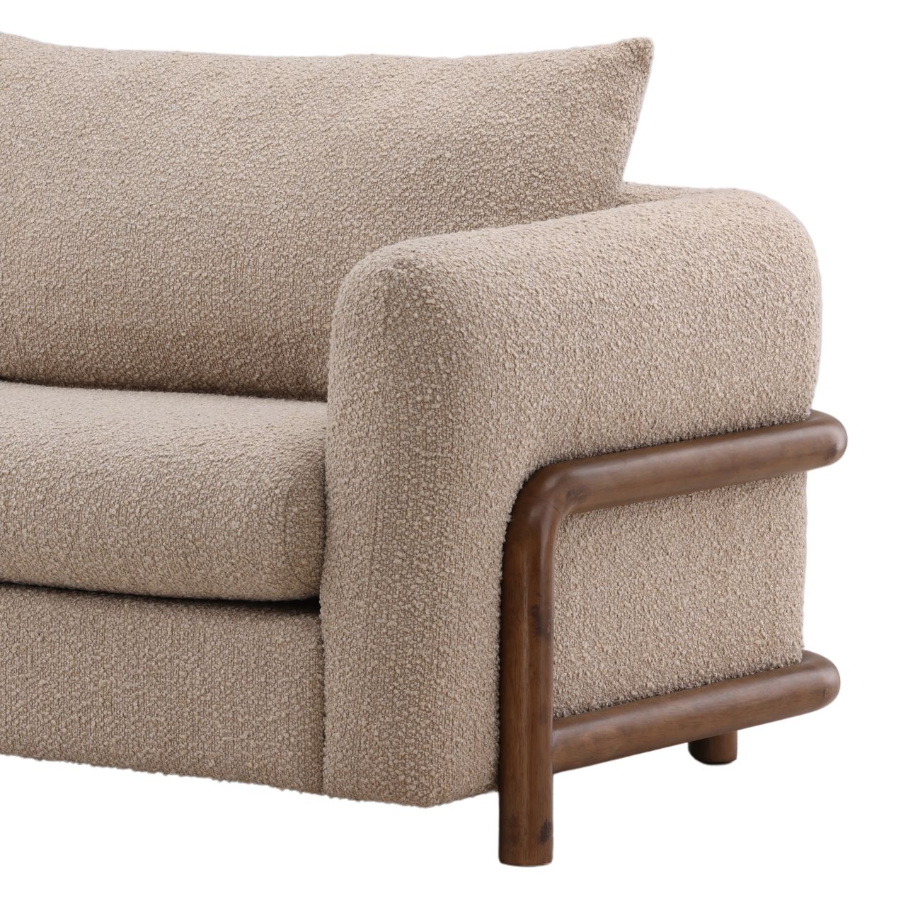 Olana Sand and Brown Boucle Fabric and Rubber Wood Sofa 95 in Wide