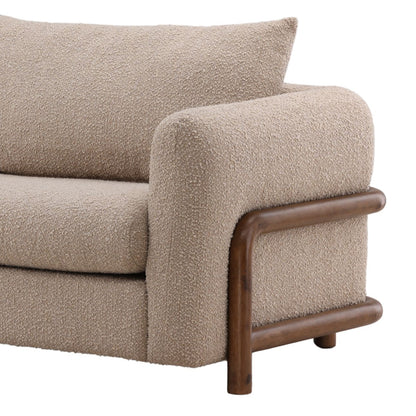 Olana Sand and Brown Boucle Fabric and Rubber Wood Sofa 95 in Wide