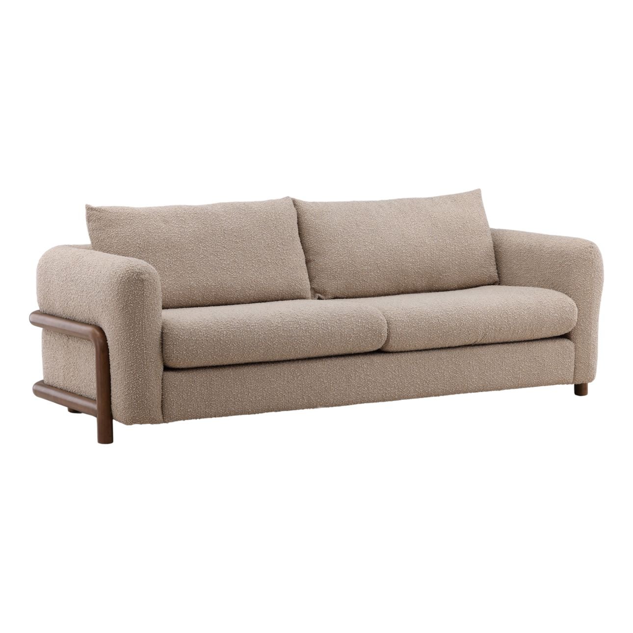 Olana Sand and Brown Boucle Fabric and Rubber Wood Sofa 95 in Wide