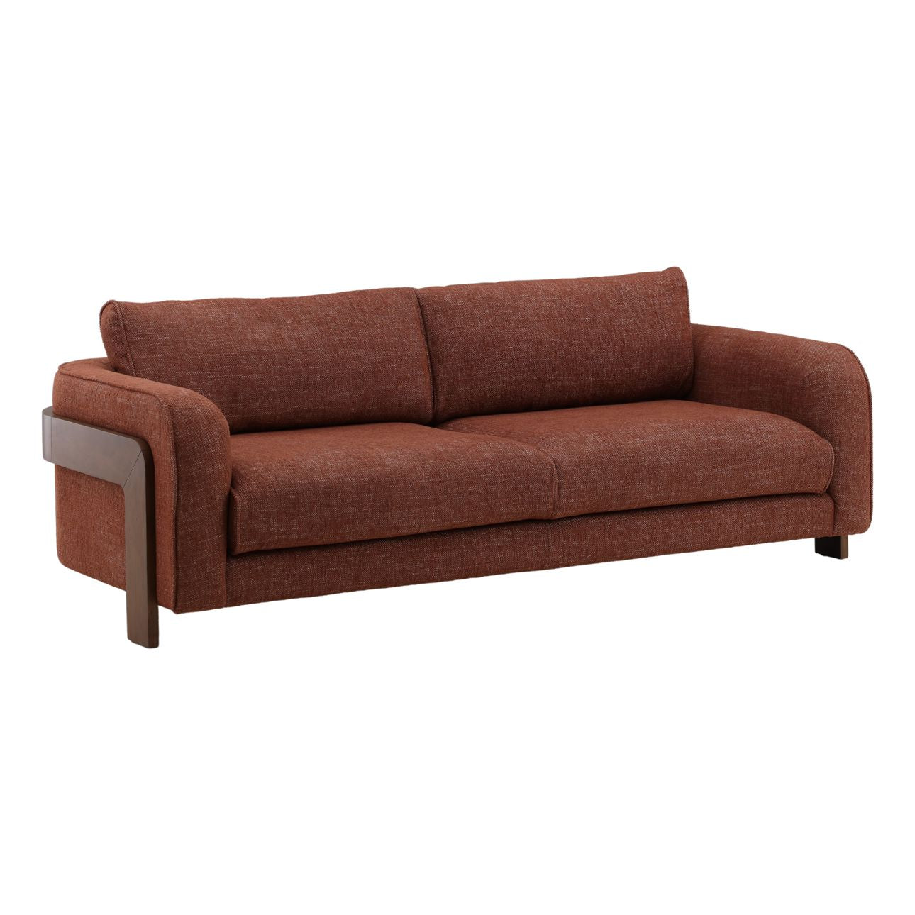 Lola Russet and Brown Basketweave Fabric and Rubber Wood Sofa 84 in Wide