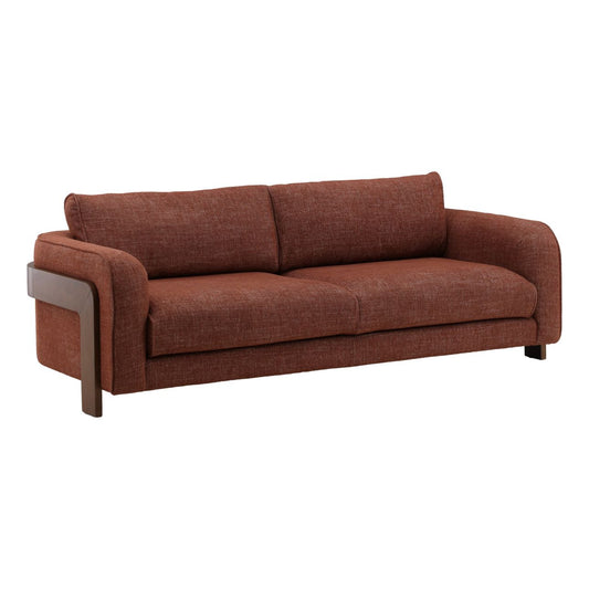 Lola Russet and Brown Basketweave Fabric and Rubber Wood Sofa 84 in Wide