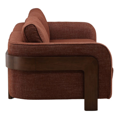 Lola Russet and Brown Basketweave Fabric and Rubber Wood Sofa 84 in Wide