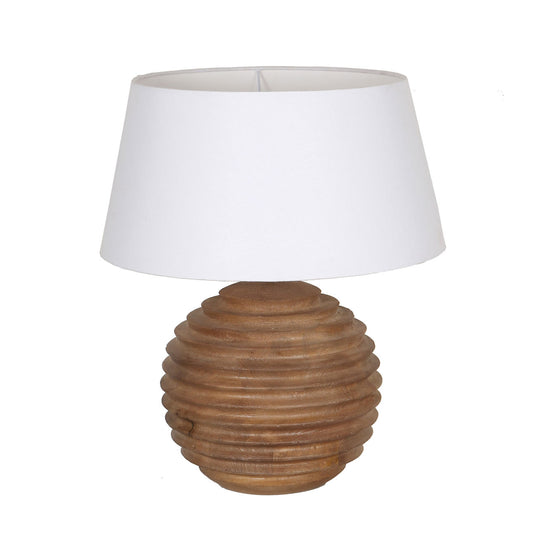 Medium Brown Finish with White Lamp Shade Mango Wood and Linen Shade Table 17.5 in Wide
