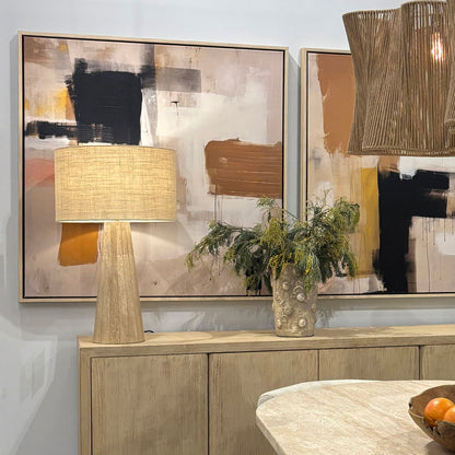 Natural and Beige Travertine Stone and Jute Shade Table 18 in Wide