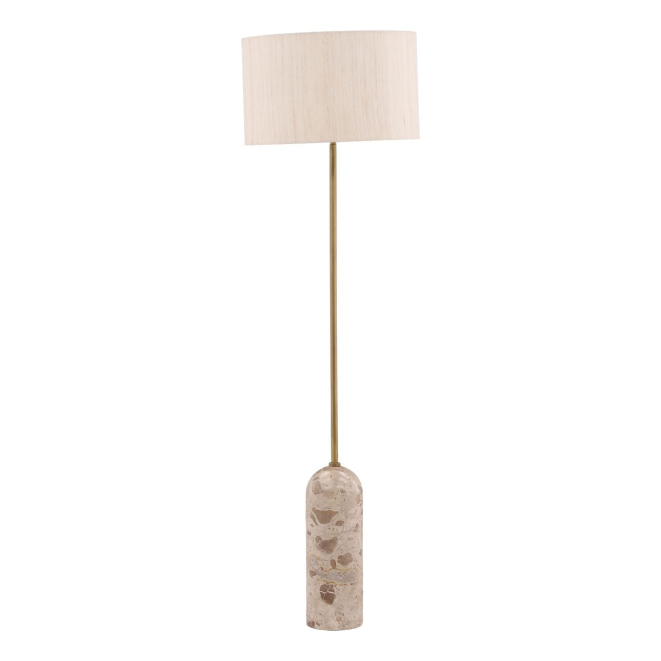 Natural Stone, Cream Shade, and Antique Brass Metal Panther Marble and Raw Silk Shade Lamp 18 in Wide