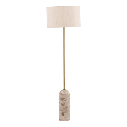 Natural Stone, Cream Shade, and Antique Brass Metal Panther Marble and Raw Silk Shade Lamp 18 in Wide
