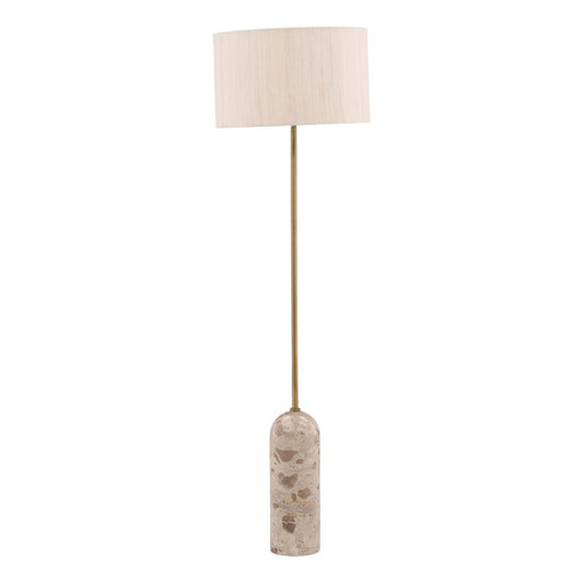 Natural Stone, Cream Shade, and Antique Brass Metal Panther Marble and Raw Silk Shade Lamp 18 in Wide