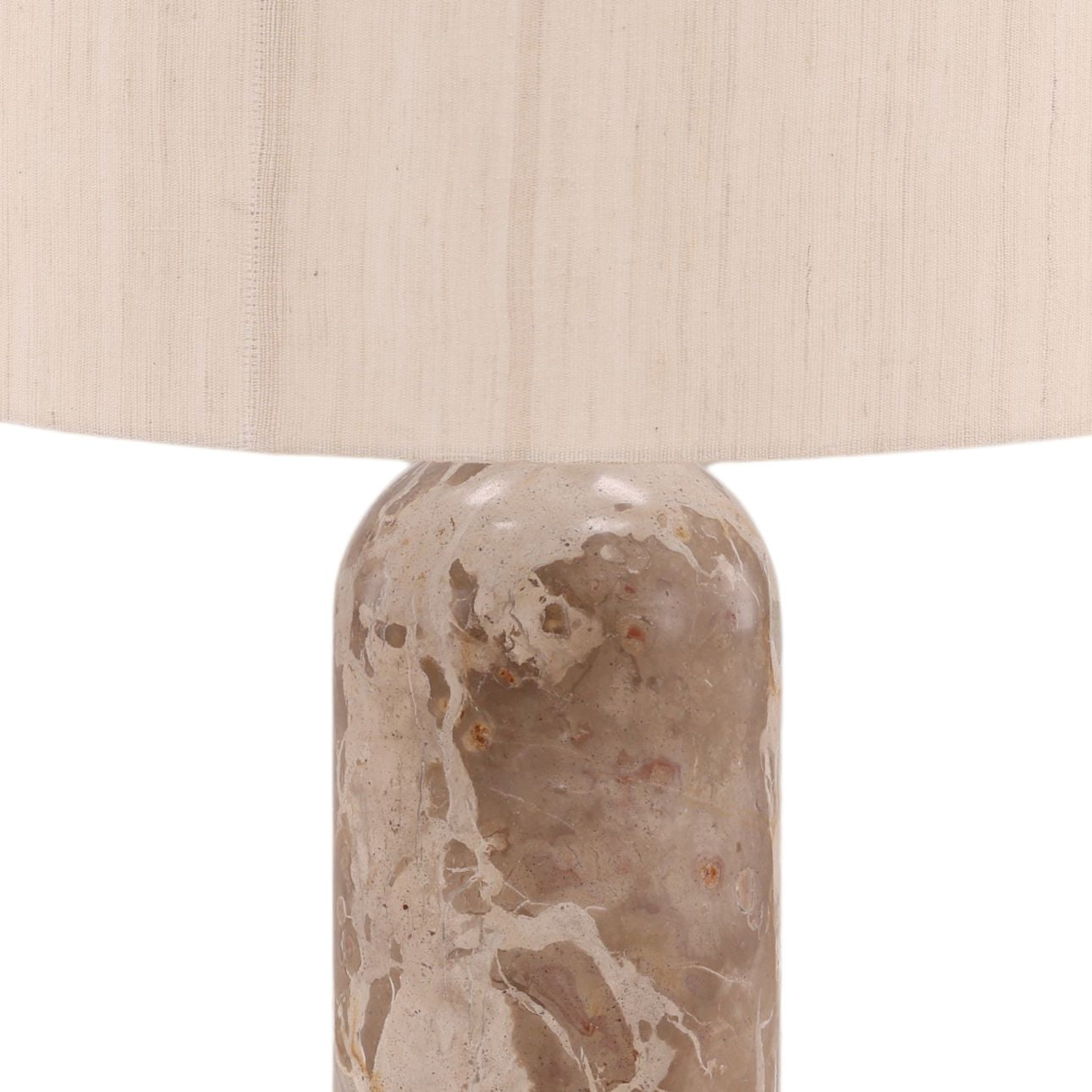 Natural Stone, Cream Shade, and Antique Brass Metal Panther Marble and Raw Silk Shade Table 15.5 in Wide
