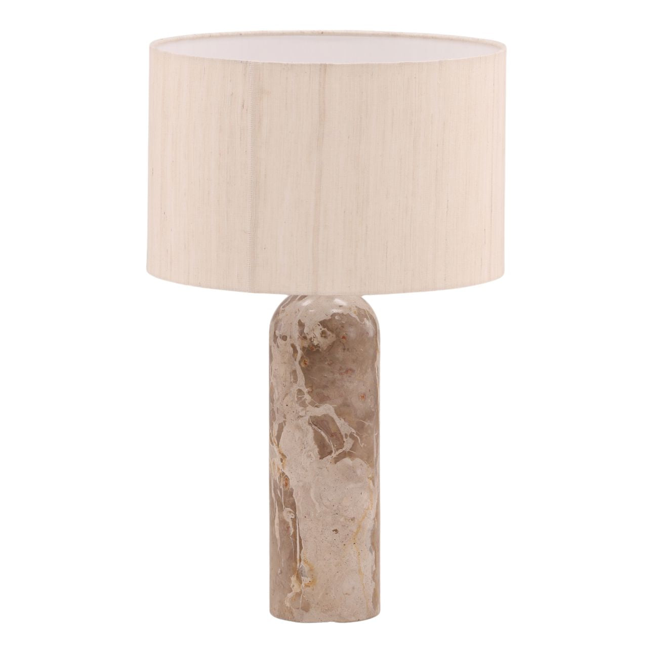 Natural Stone, Cream Shade, and Antique Brass Metal Panther Marble and Raw Silk Shade Table 15.5 in Wide