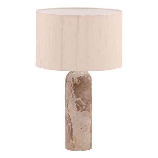 Natural Stone, Cream Shade, and Antique Brass Metal Panther Marble and Raw Silk Shade Table 15.5 in Wide