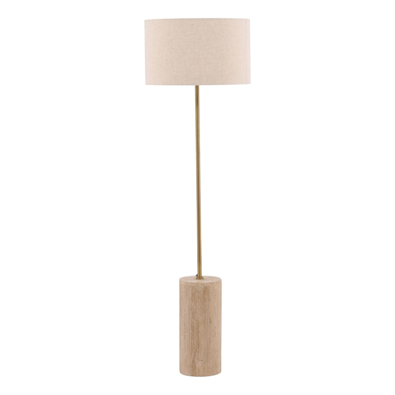 Natural Stone, Beige, and Antique Brass Metal Travertine and Cotton Linen Shade Lamp 18 in Wide