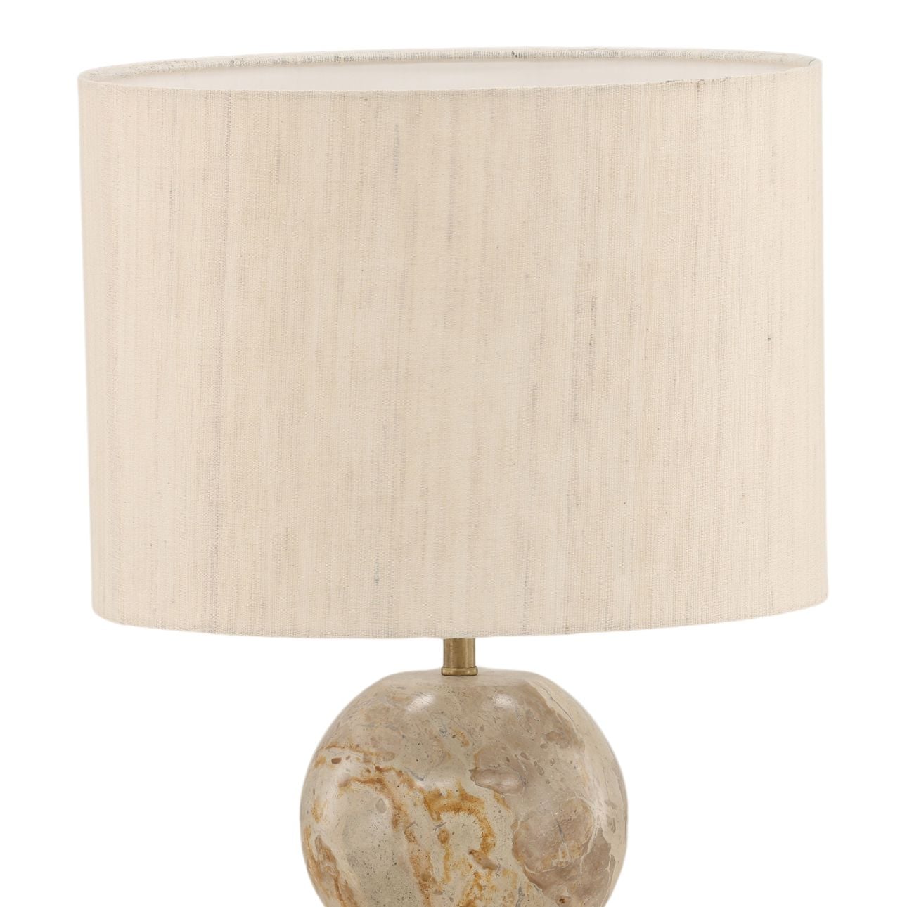 Natural Stone, Cream Shade, and Antique Brass Metal Panther Marble and Raw Silk Shade Table 14 in Wide
