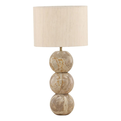 Natural Stone, Cream Shade, and Antique Brass Metal Panther Marble and Raw Silk Shade Table 14 in Wide