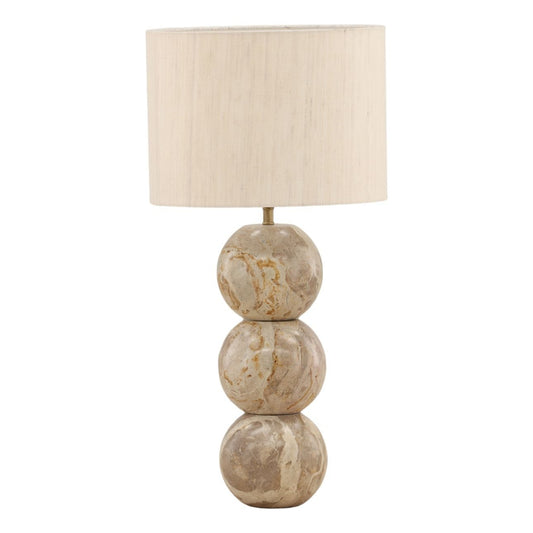 Natural Stone, Cream Shade, and Antique Brass Metal Panther Marble and Raw Silk Shade Table 14 in Wide