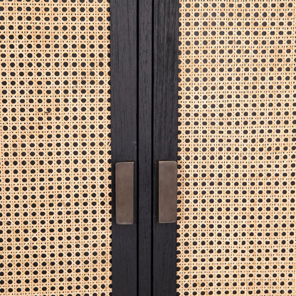 Antique Black Frame with Natural Rattan Door Panels Exotic Wood and Rattan Cabinet 36 in Wide