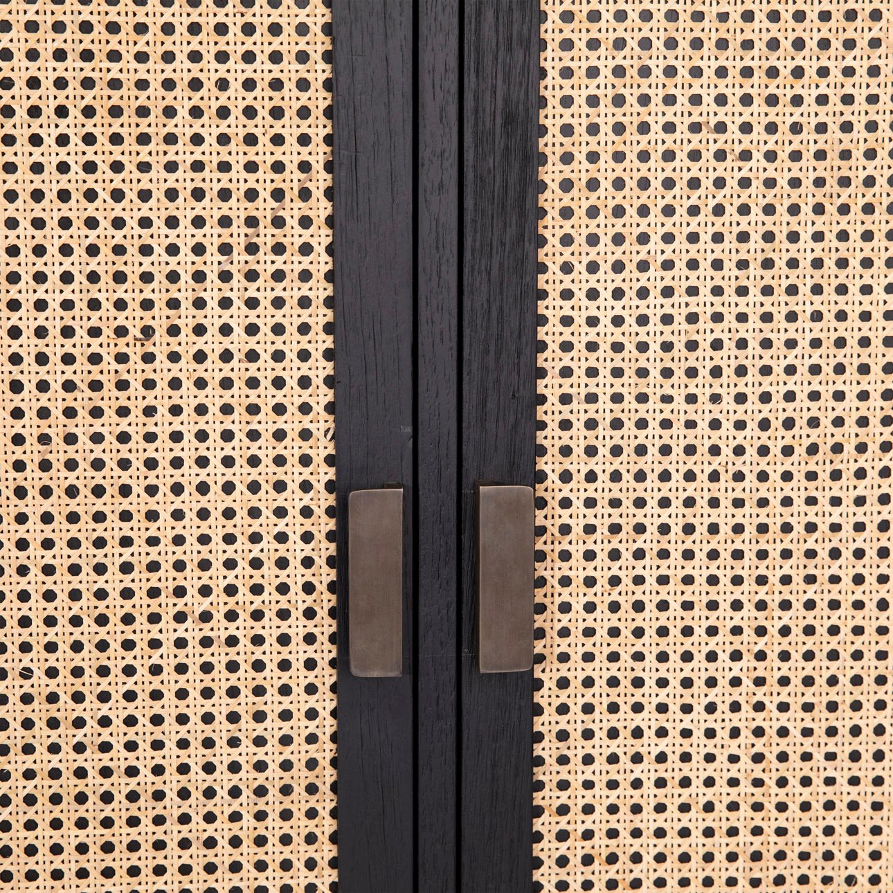 Antique Black Frame with Natural Rattan Door Panels Exotic Wood and Rattan Cabinet 36 in Wide