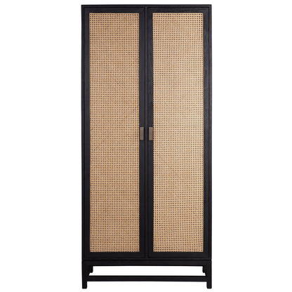 Antique Black Frame with Natural Rattan Door Panels Exotic Wood and Rattan Cabinet 36 in Wide