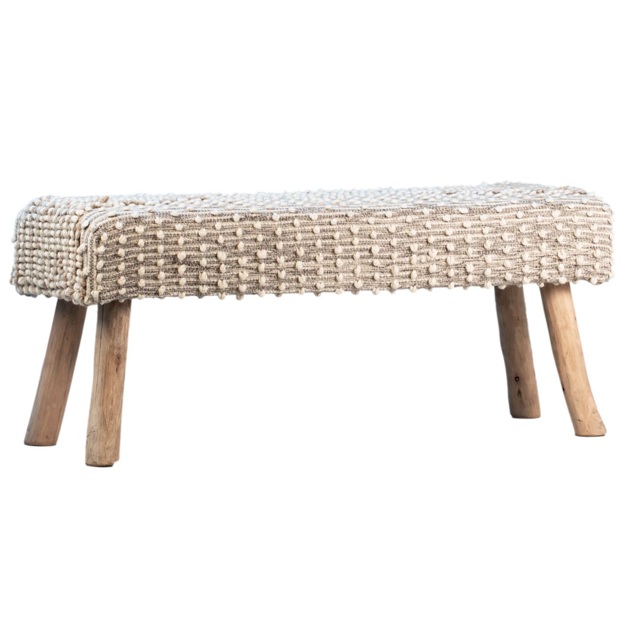 Natural Finish Handwoven Wool and Eucalyptus Wood Legs Bench 48 in Wide