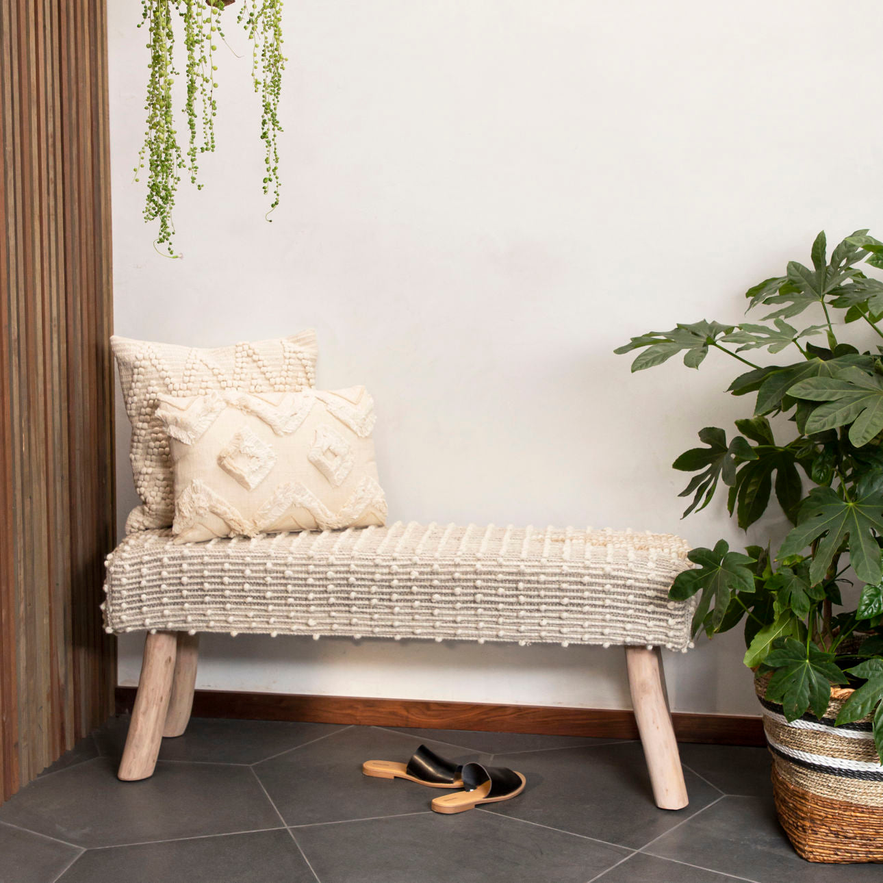 Natural Finish Handwoven Wool and Eucalyptus Wood Legs Bench 48 in Wide