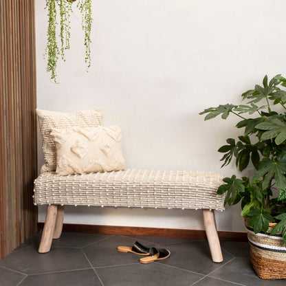 Natural Finish Handwoven Wool and Eucalyptus Wood Legs Bench 48 in Wide