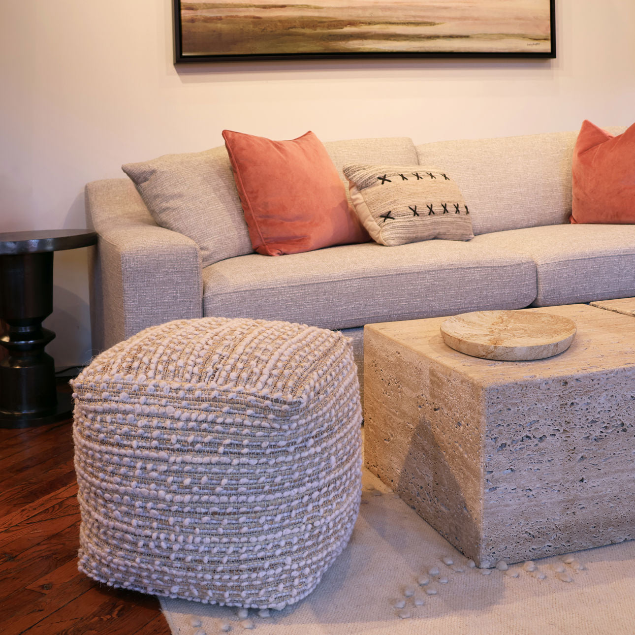 Natural Tones Handwoven Poly Yarn Pouf 16 in Wide