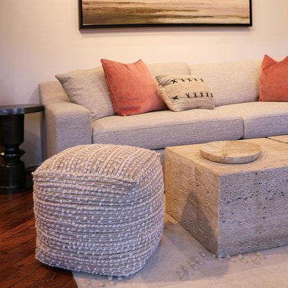 Natural Tones Handwoven Poly Yarn Pouf 16 in Wide