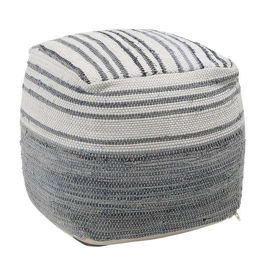 Denim Blue and White Cotton Chindi and Denim Pouf 16 in Wide