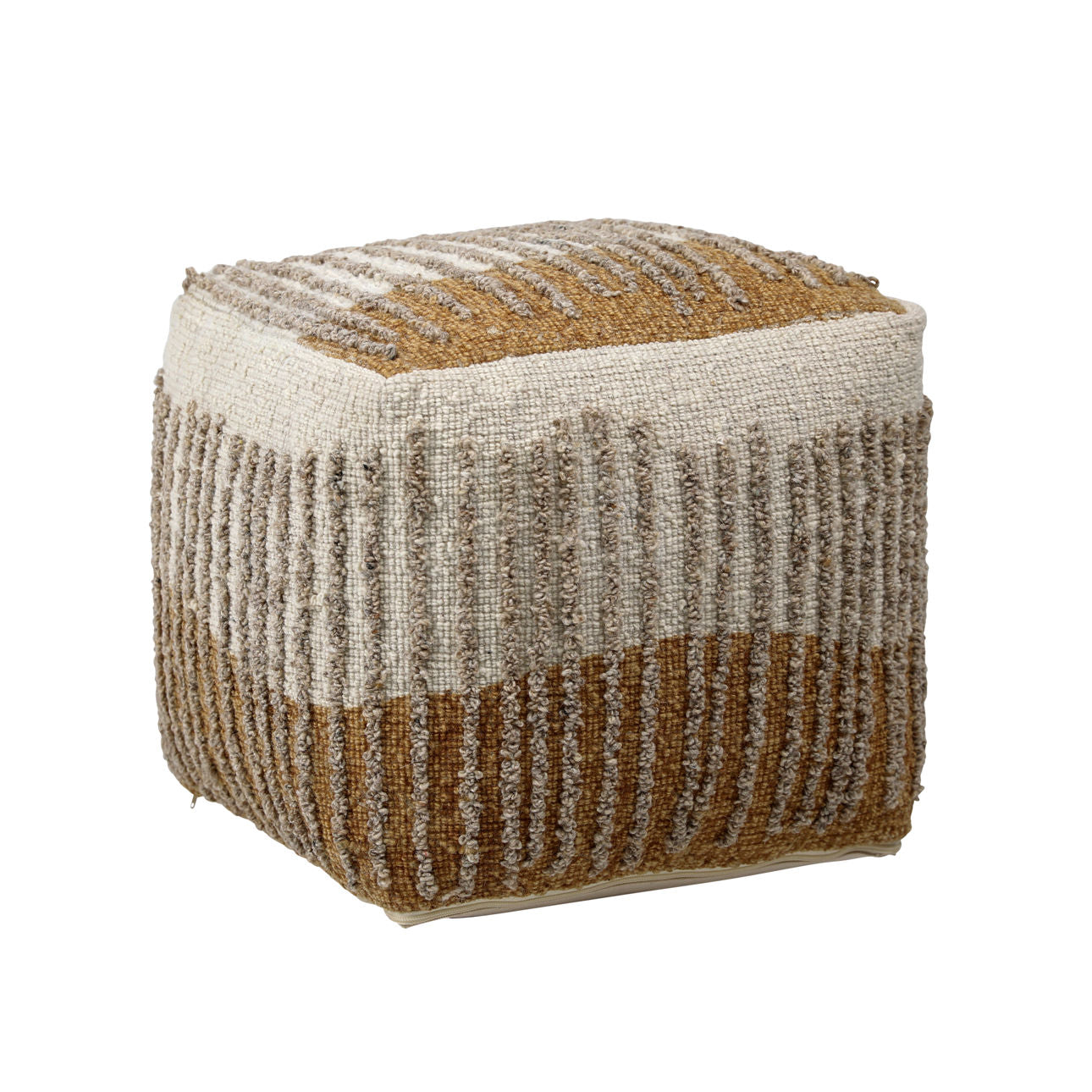 Dark Mustard and Beige Handwoven Wool and Cotton Pouf 16 in Wide